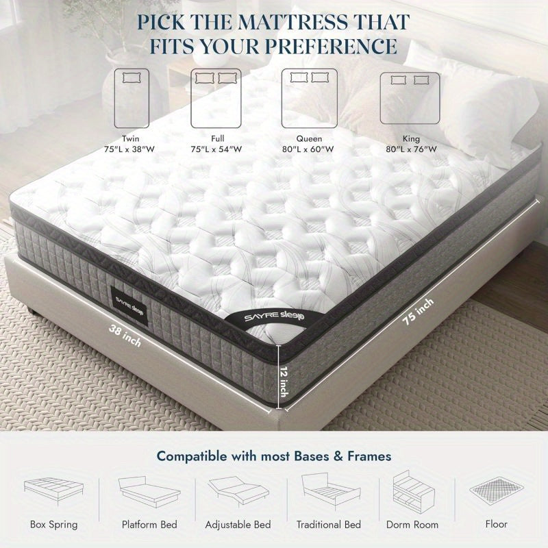 Assembled in USA - High Quality 12" Queen Diamond Innerspring Hybrid and Cooling Gel Memory Foam Mattress, Pressure Relief, and Motion Isolation, CertiPUR-US and Oeko TEX Certified