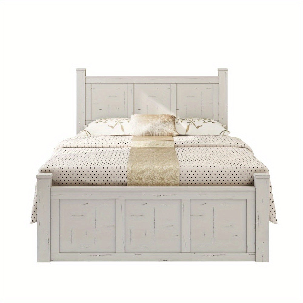 Farmhouse Style Wood Panel Bed Frame Four Square Poster Bed with Three Storage Drawers, Queen, Ancient White