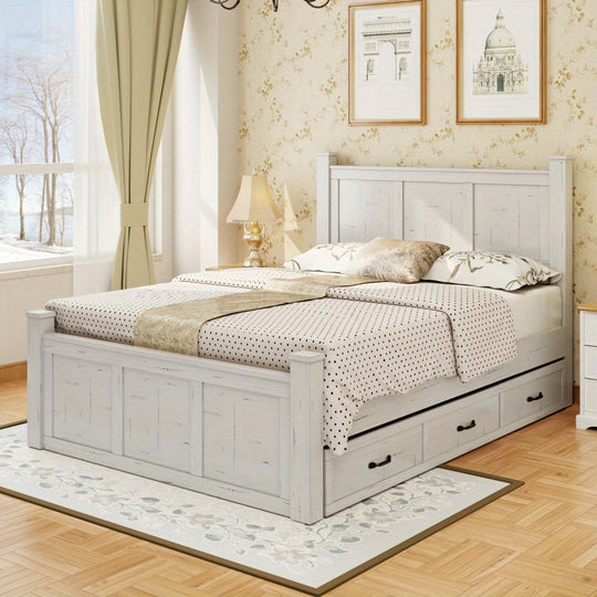 Farmhouse Style Wood Panel Bed Frame Four Square Poster Bed with Three Storage Drawers, Queen, Ancient White