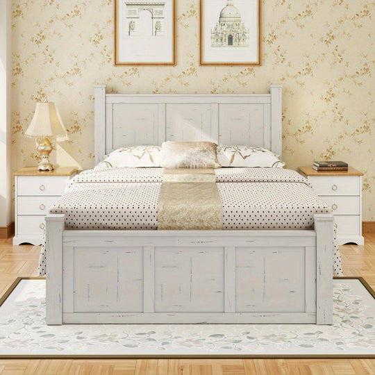 Farmhouse Style Wood Panel Bed Frame Four Square Poster Bed with Three Storage Drawers, Queen, Ancient White