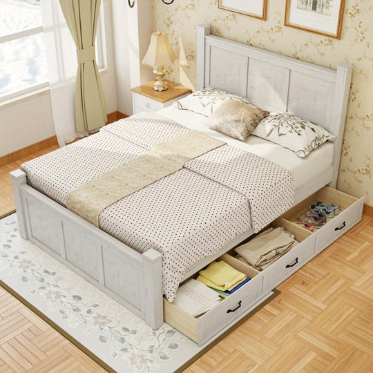 Farmhouse Style Wood Panel Bed Frame Four Square Poster Bed with Three Storage Drawers, Queen, Ancient White