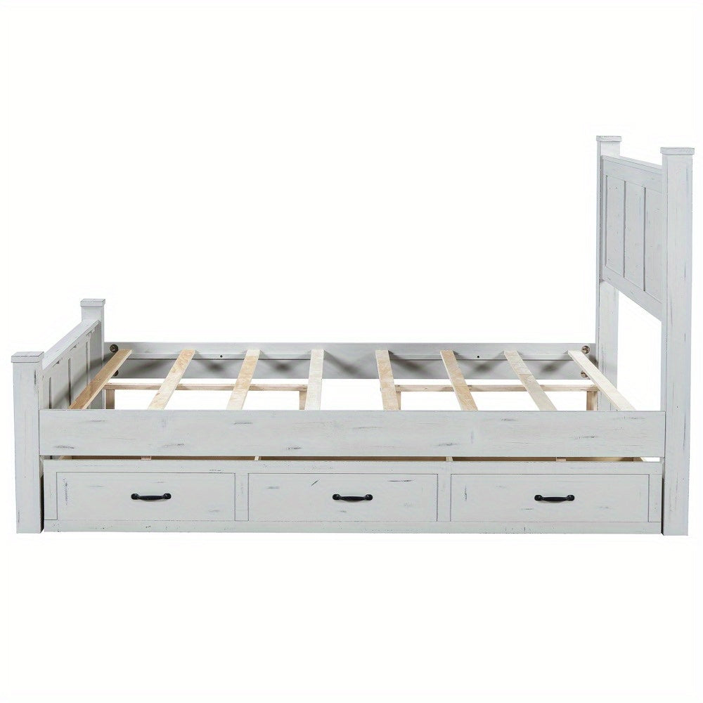 Farmhouse Style Wood Panel Bed Frame Four Square Poster Bed with Three Storage Drawers, Queen, Ancient White