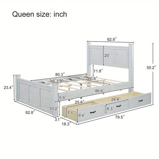 Farmhouse Style Wood Panel Bed Frame Four Square Poster Bed with Three Storage Drawers, Queen, Ancient White