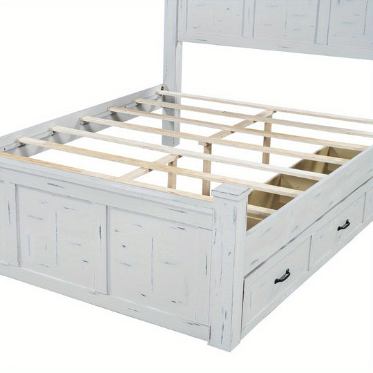 Farmhouse Style Wood Panel Bed Frame Four Square Poster Bed with Three Storage Drawers, Queen, Ancient White