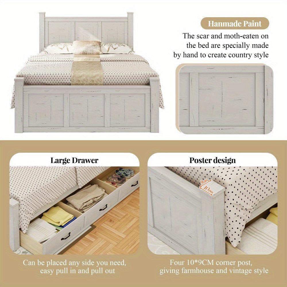 Farmhouse Style Wood Panel Bed Frame Four Square Poster Bed with Three Storage Drawers, Queen, Ancient White