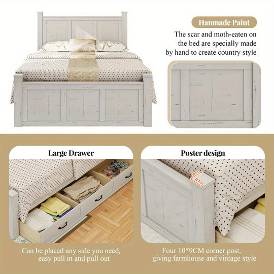 Farmhouse Style Wood Panel Bed Frame Four Square Poster Bed with Three Storage Drawers, Queen, Ancient White