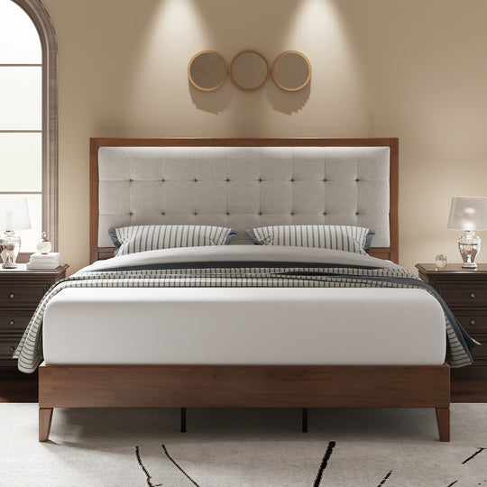 PaPaJet Wood Bed with Headboard Platform Bed Upholstered Tufted Headboard/Solid Wood Bed No Box Spring Needed