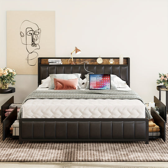 Queen Bed Frame With Storage Drawers In Headboard And Footboard, Upholstered Platform Bed Featuring USB Ports And Outlets, No Box Spring Required For Convenient Setup