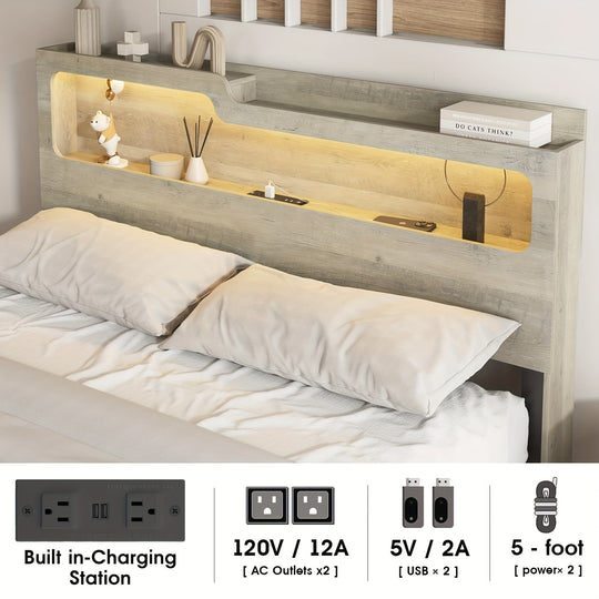 Full Size Bed Frame With 2-Tier Headboard, Metal Platform Bed Frame RGB Led Lights With Charging Station, No Box Spring Needed