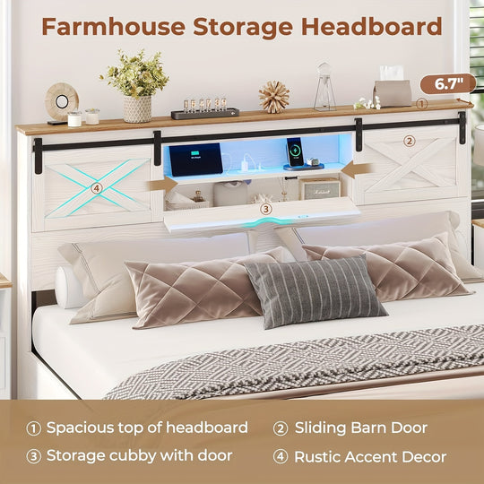 King Size LED Farmhouse Platform Bed Frame With Charging Station 2 Drawers And Storage Headboard, Sliding Barn Door, White