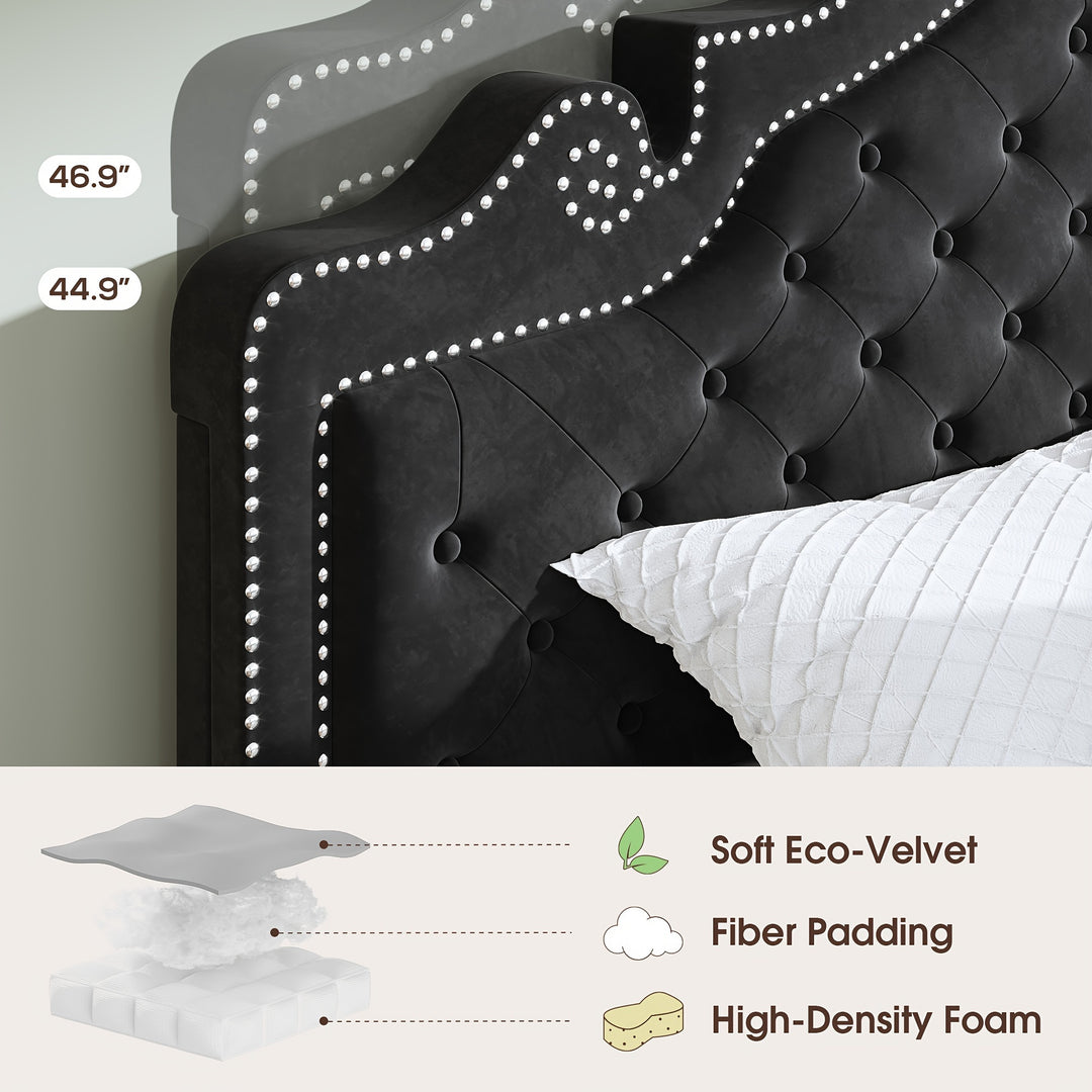 WEEWAY Upholstered Bed Frame, Adjustable Curved Headboard, High Resilience, Diamond Tufted