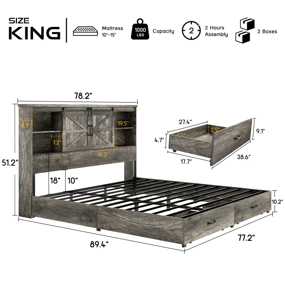 Farmhouse-Style Wooden Platform Bed Frame Boasting a 51.2" Bookcase Headboard, Integrated Storage with a Sliding Barn Door Charging Station and 2 Drawers - No Box Spring Required, Totally Noise-Free