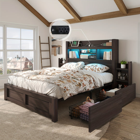 Farmhouse Wooden Bed Frame With 4 Storage Drawers, LED Bed Frame With 49" Tall Bookcase Headboard, Wood Platform Bed With Charging Station & 2 Slide Bedside Shelf