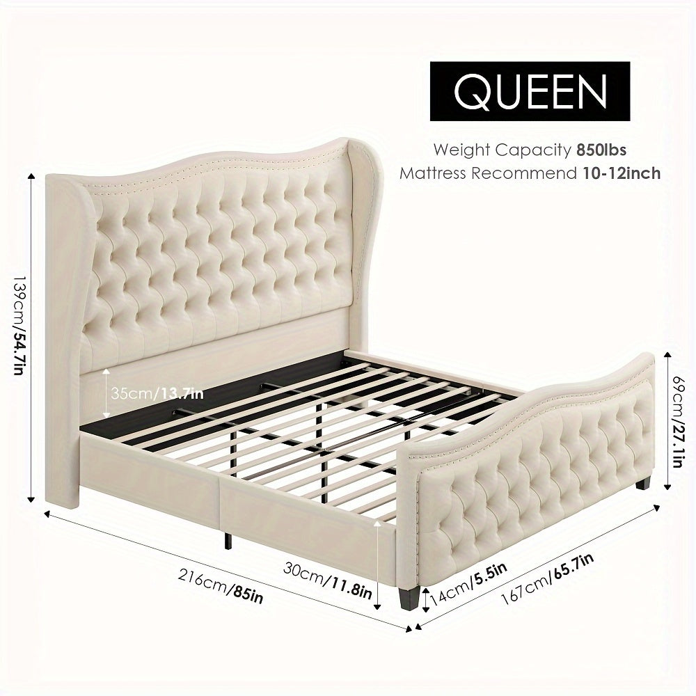 FULTRU Full/Queen/King 55" Headboard Upholstered Bed, Bed Frame with Tall Footbaord, Velvet Handmade Pleats Deep Button Tufted Wingback Platform Bed, No Box Spring Required/Wood Slat Support