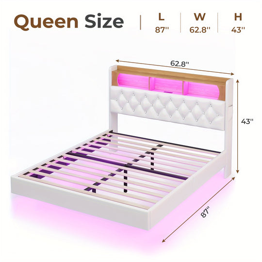 King/ Queen/ Full Floating Bed Frame with Storage Headboard, Leather King Platform Bed with LED Lights & Charging Station, Modern LED Floating Bed, No Box Spring Needed, White