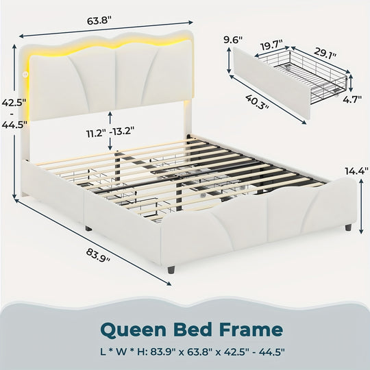 Queen Bed Frame With Headboard & Storage, Bed Frame Queen Size, Modern Led Flower Bed Frame