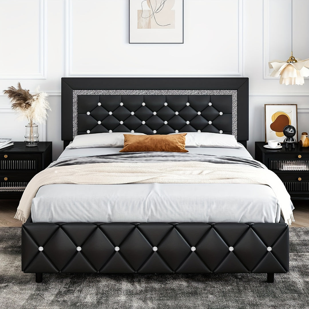 Bed Frame, Upholstered Bed Frame with Diamond Tufted Headboard, Faux Leather Headboard, Easy Assembly, No Box Spring Needed