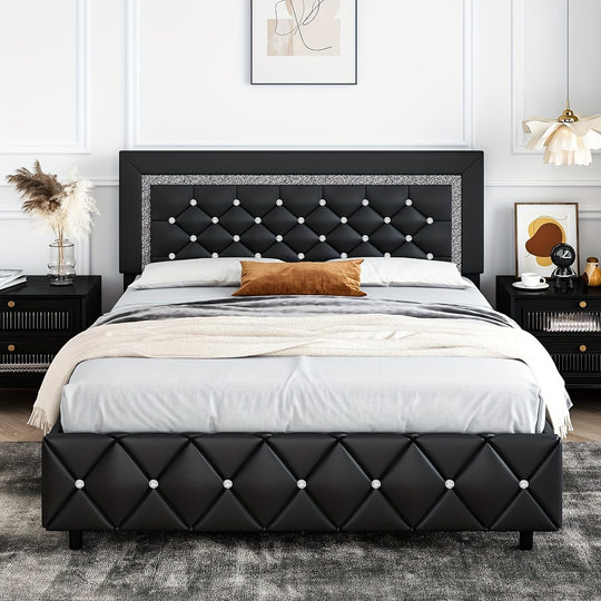 Bed Frame, Upholstered Bed Frame with Diamond Tufted Headboard, Faux Leather Headboard, Easy Assembly, No Box Spring Needed