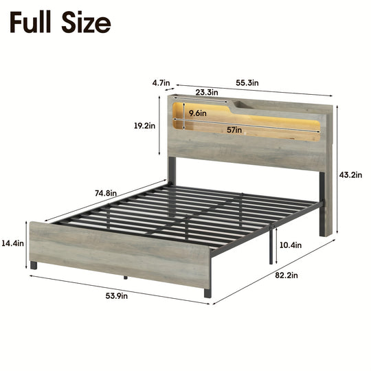 Full Size Bed Frame With 2-Tier Headboard, Metal Platform Bed Frame RGB Led Lights With Charging Station, No Box Spring Needed