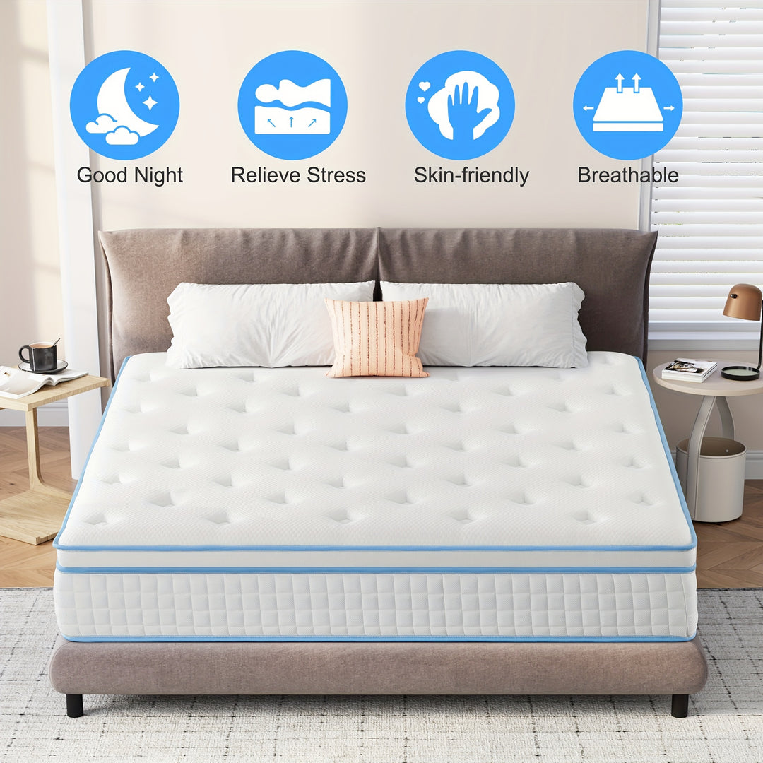 12-Inch Queen Size Plush Pillow Top Memory Foam Spring Hybrid Mattress - Edge Support, Fire-Resistant, Breathable Cotton Cover, Pocketed Coil Technology For Silent Sleep White