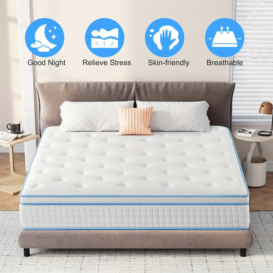 10 Inch Queen PIllow Top Memory Foam Spring Hybrid Mattress Pocketed Coil Edge Support Silence Boxed Breathable