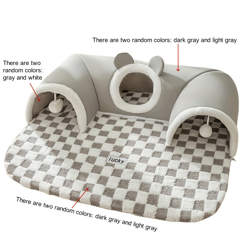 Cozy Plaid Holiday season Reindeer Cat Tunnel - Interactive Play & Sleep Bear-Shaped Pet Bed for Cats