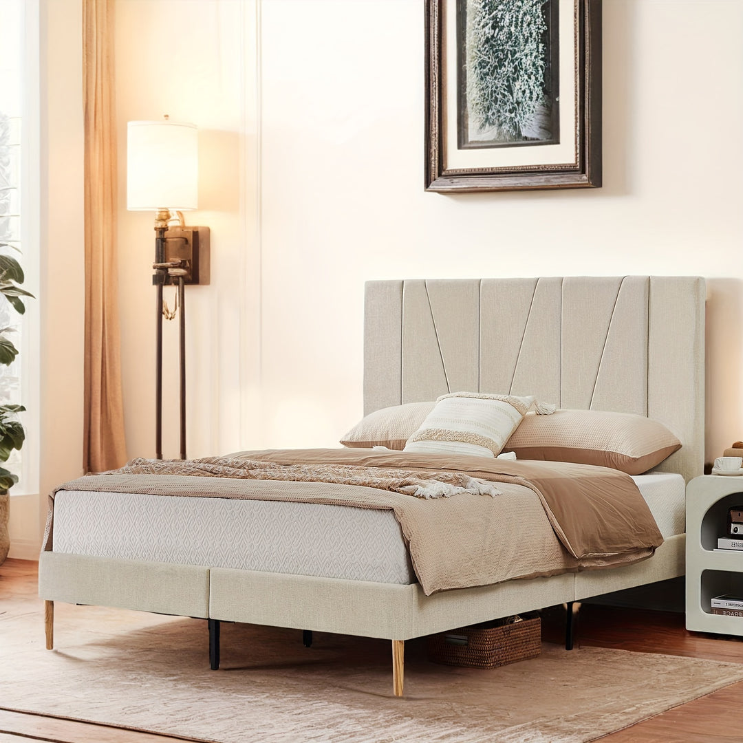 Bed Frame Upholstered Platform with Complete Headboard and Strong Wooden Slats, No Box Spring Needed, Easy Assembly, Noise Free, Mattress Foundation