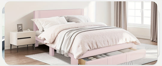 Queen Size Velvet Upholstered Bed Frame with Storage, Wood Platform Bed, 12 Slats, Wheels, Pink, Grey