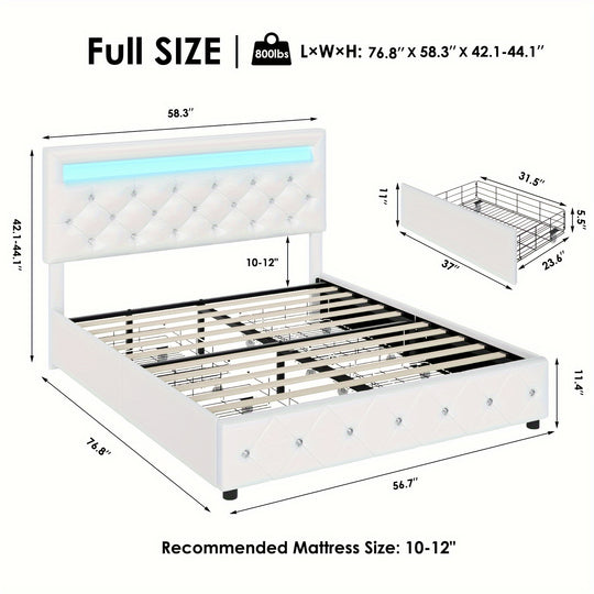 Full/Queen/King Size Upholstered Bed Frame With LED Lights Headboard And 4 Storage Drawers, Platform Bed With Crystal Button Tufted Headboard, No Box Spring Needed, Faux Leather/Velvet Fabric, White/Black/Velvet Beige