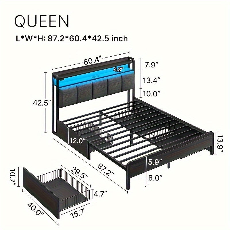 Twin/Full/King/Queen Size Bed Frame Avaliable, Bed Frame With Charging Station & 4 Storage Drawers & RGBW LED Lights, Linen Upholstered Headboard With 2-Tier Storage, Stable Metal Platform Bed, No Box Spring Needed, No Noise