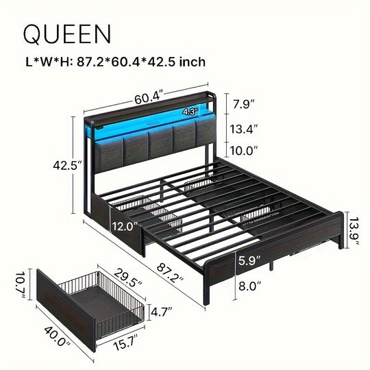 Twin/Full/King/Queen Size Bed Frame Avaliable, Bed Frame With Charging Station & 4 Storage Drawers & RGBW LED Lights, Linen Upholstered Headboard With 2-Tier Storage, Stable Metal Platform Bed, No Box Spring Needed, No Noise