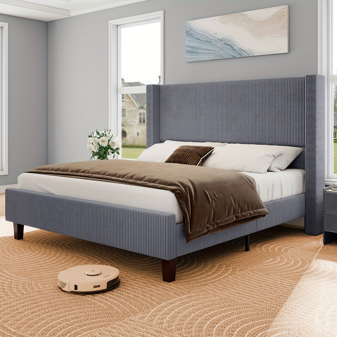 50.8" Upholstered Platform Bed Frame, Corduroy Bed Frame with Wingback Headboard with Solid Wood Legs, No Box Spring Needed