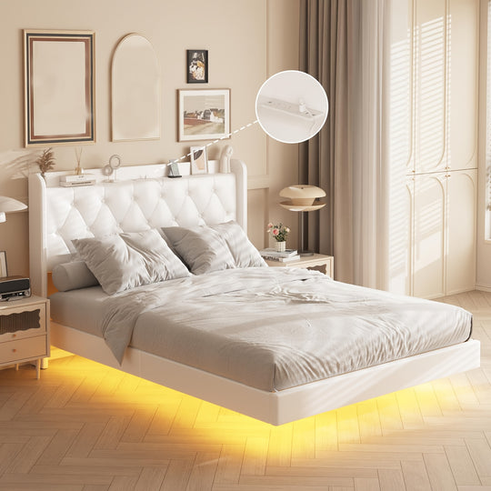 Bed Frame With LED Lights, Upholstered Platform, With Elegant Flowers Headboard, No Box Spring Needed, Noise Free, Easy Assembly, White, Pink Floating Bed Frame With LED Lights