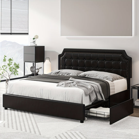 Upholstered Bed Frame with Storage Drawers, Platform Bed with Curved Button Tufted Headboard with Nailhead Trim, Solid Wooden Slats Support, No Box Spring Needed, Beige, White, Black, Full, Queen, King