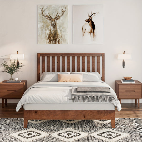 Solid Wood Bed Frame with Headboard, Mid-Century Platform Bed with Wood Slat Support/No Box Spring Needed/Easy Assembly