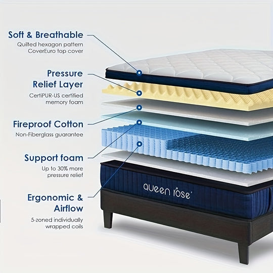 QUEEN ROSE Queen Mattress, 12 Inch Memory Foam Mattress, Pillow Top Mattress in a Box with Individual Pocket Spring for Motion Isolation and Silent Sleep, Pressure Relief