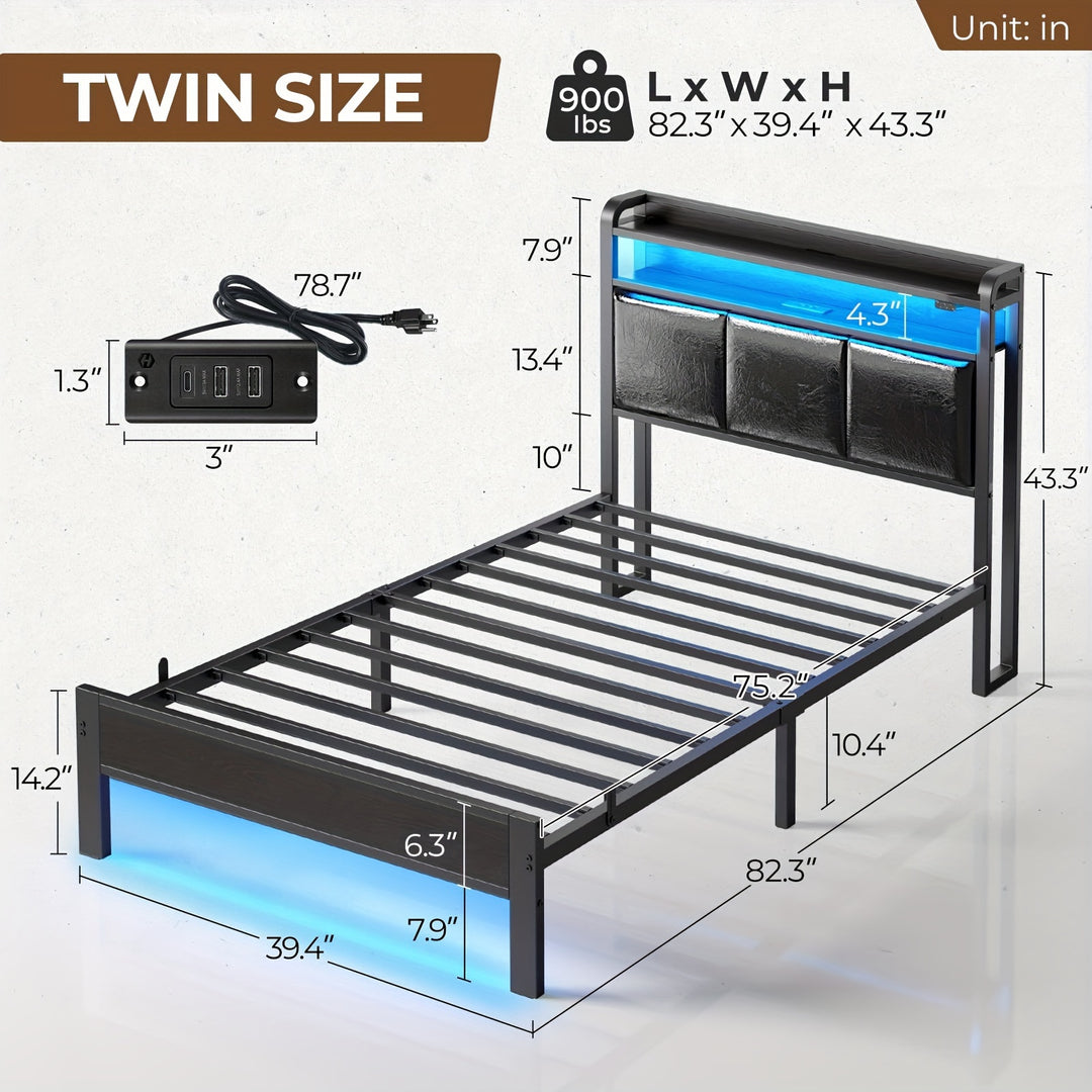 Twin/Full/King/Queen Size Bed Frame Avaliable, Bed Frame With Charging Station And Storage Headboard, Upholstered Bed With Heavy Duty Wood Slats, No Box Spring Needed, Noise Free, Easy Assembly