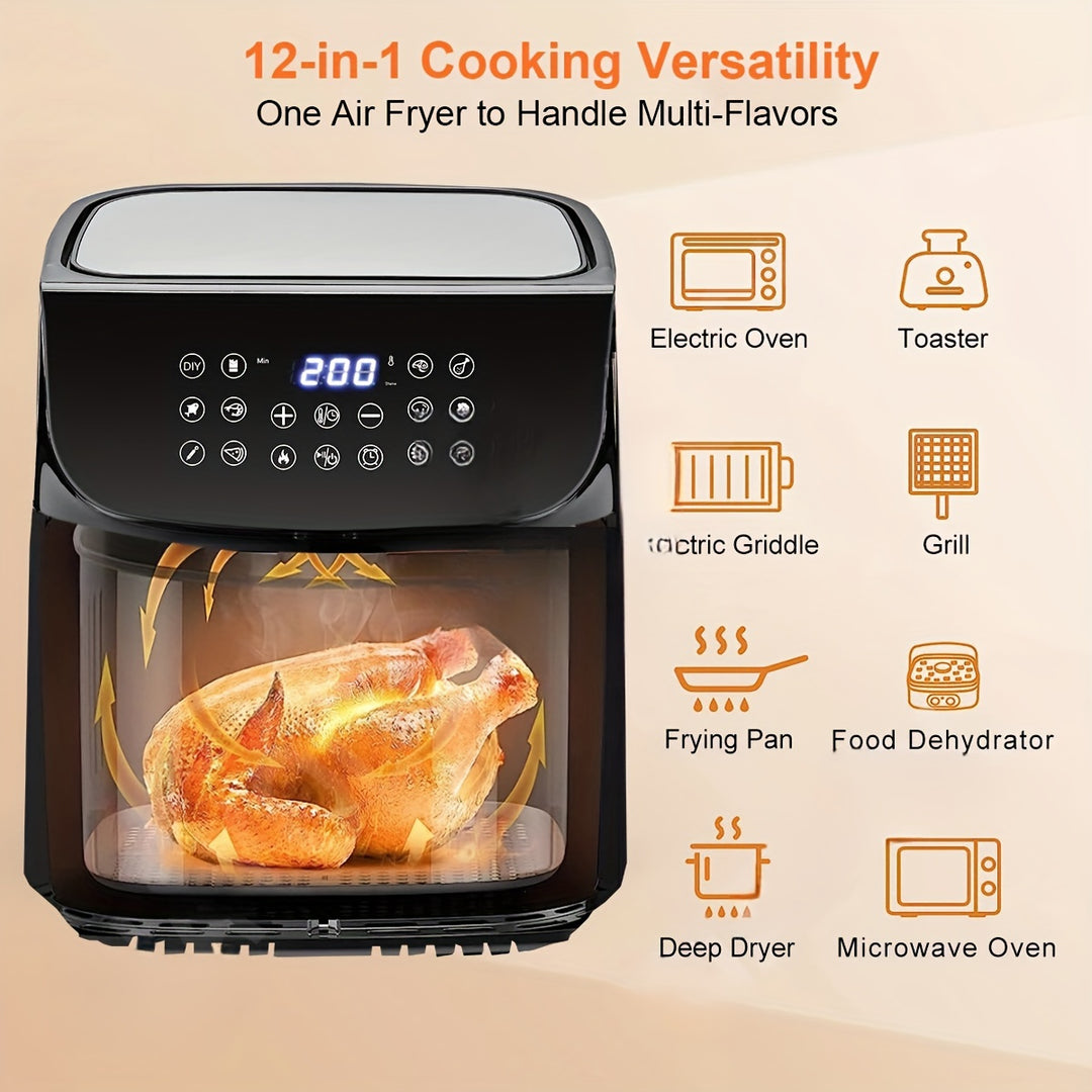 9QT oil-free air fryer oven, reducing 80% fat, can enjoy crispy and delicious food, suitable for Cao tiao, pizza, beef steak, etc., specially designed for 3-4 people in households, healthy and fast food, making fast and simpl