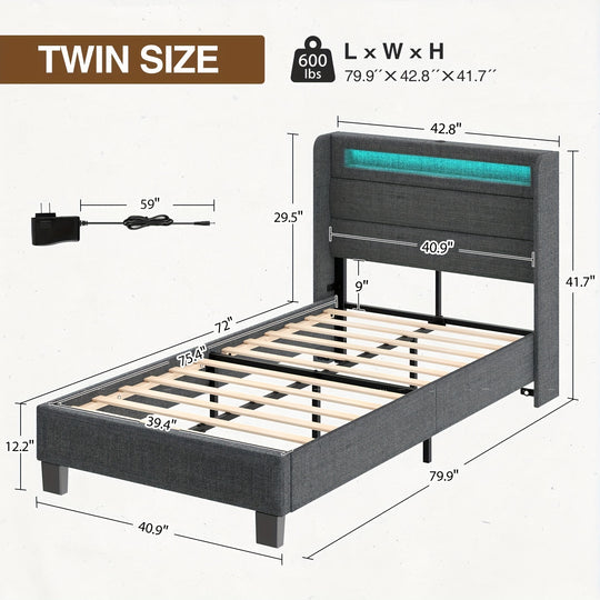 Twin/Full/King/Queen Size Bed Frame Avaliable, Bed Frame With Charging Station And Storage Headboard, Upholstered Bed With Heavy Duty Wood Slats, No Box Spring Needed, Noise Free, Easy Assembly