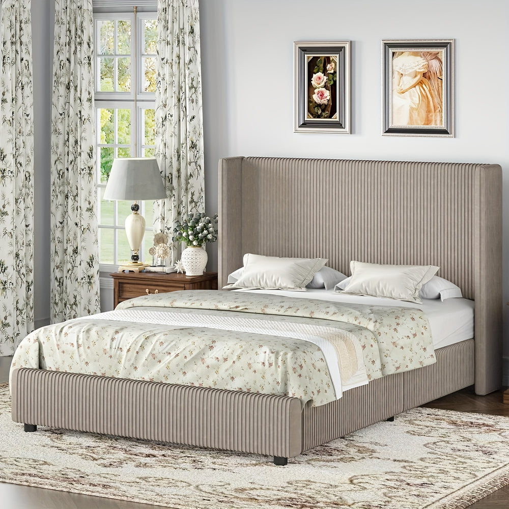 Upholstered Bed Frame, Corduroy Platform Bed With Vertical Channel Tufted Headboard, Soft Low Profile Bed, No Box Spring Needed, Easy Assembly