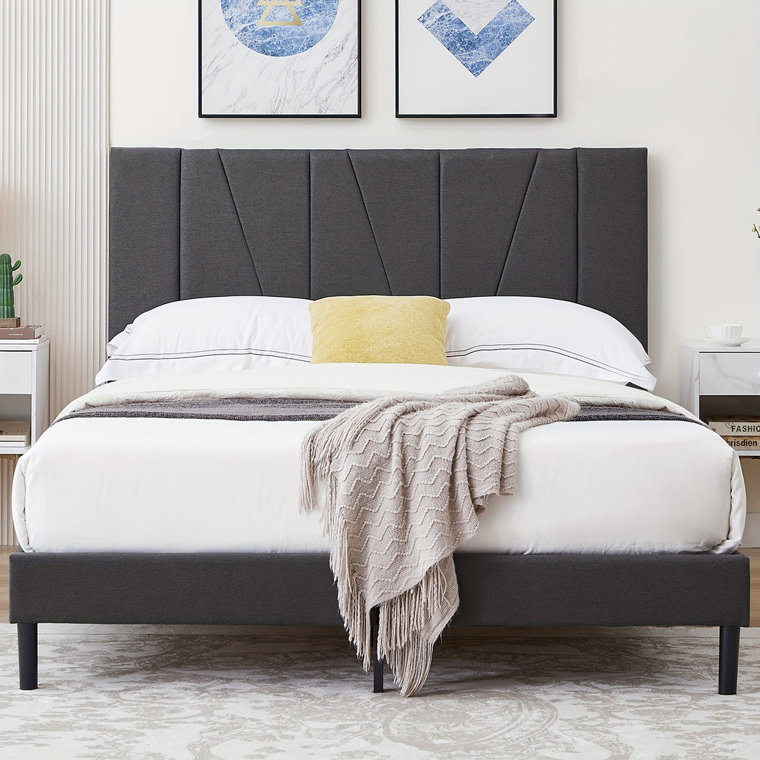 Bed Frame Upholstered Platform with Complete Headboard and Strong Wooden Slats, No Box Spring Needed, Easy Assembly, Noise Free, Mattress Foundation