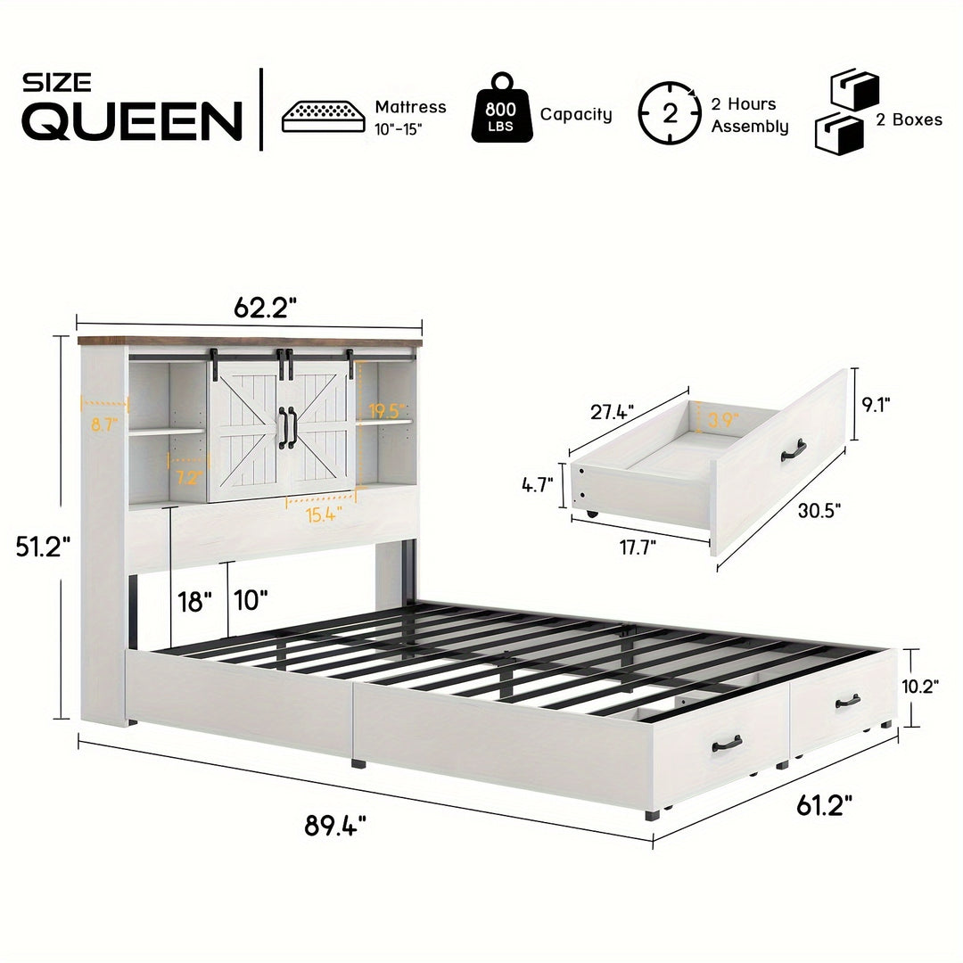 Wood Platform Bed Frame with 51.2" Bookcase Headboard, Storage Bed with Sliding Barn Door Charging Station 2 Drawers, No Box Spring Needed/Noise Free/Farmhouse