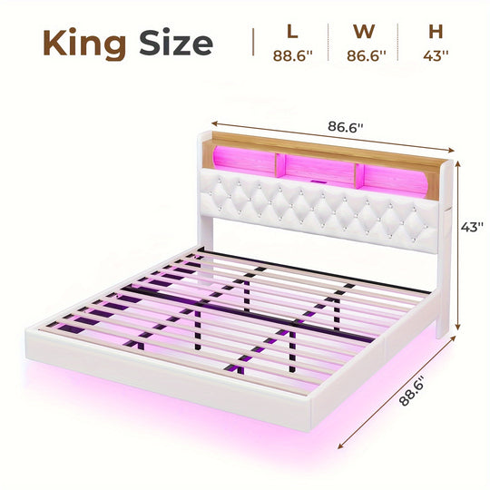 King/ Queen/ Full Floating Bed Frame with Storage Headboard, Leather King Platform Bed with LED Lights & Charging Station, Modern LED Floating Bed, No Box Spring Needed, White