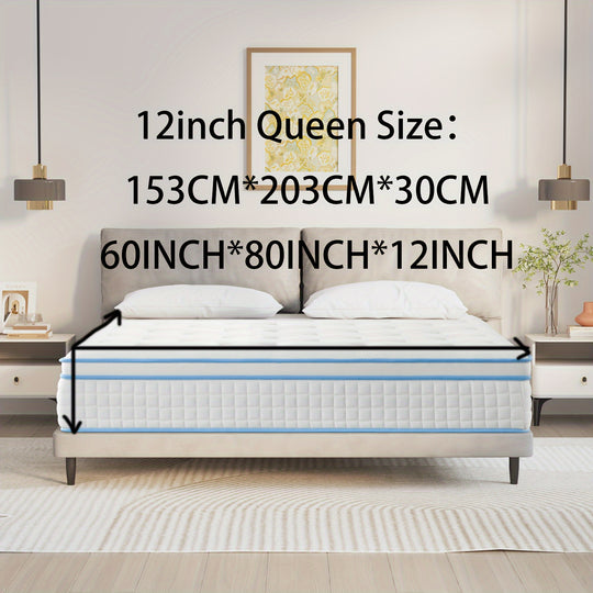 12-Inch Queen Size Plush Pillow Top Memory Foam Spring Hybrid Mattress - Edge Support, Fire-Resistant, Breathable Cotton Cover, Pocketed Coil Technology For Silent Sleep - White