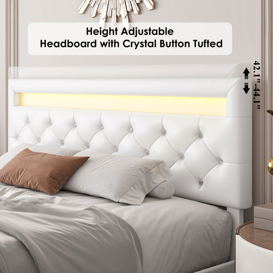 Full/Queen/King Size Upholstered Bed Frame With LED Lights Headboard And 4 Storage Drawers, Platform Bed With Crystal Button Tufted Headboard, No Box Spring Needed, Faux Leather/Velvet Fabric, White/Black/Velvet Beige