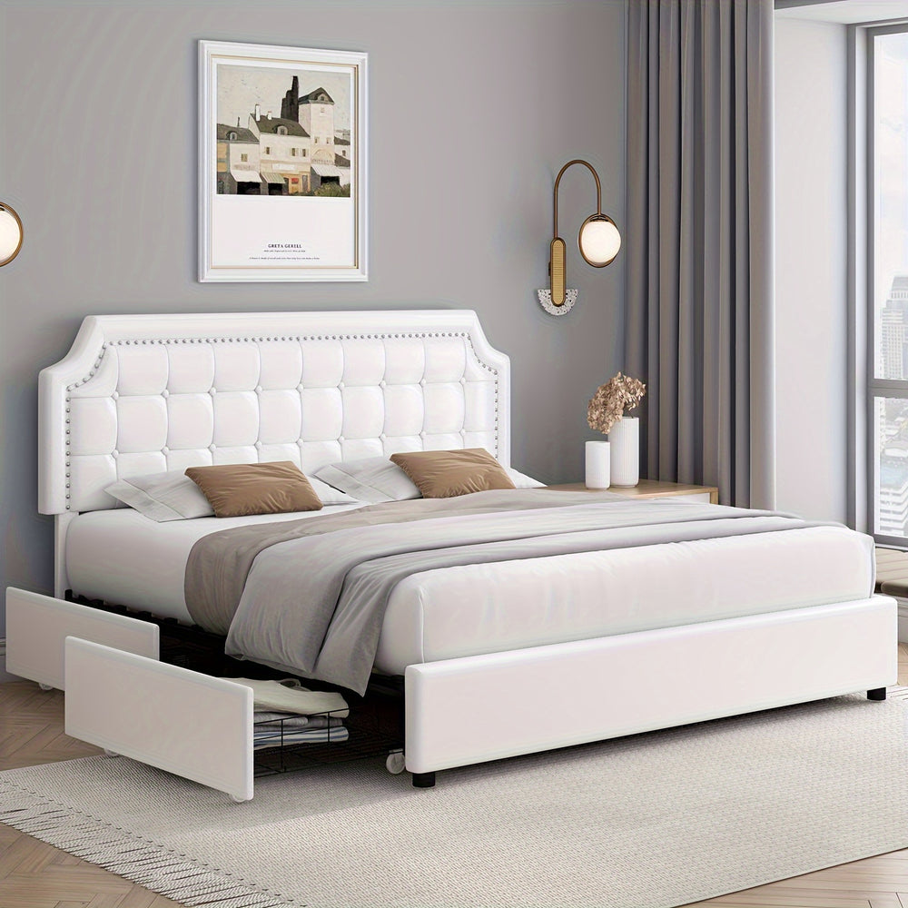 Upholstered Bed Frame with Storage Drawers, Platform Bed with Curved Button Tufted Headboard with Nailhead Trim, Solid Wooden Slats Support, No Box Spring Needed, Beige, White, Black, Full, Queen, King