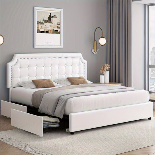 Upholstered Bed Frame with Storage Drawers, Platform Bed with Curved Button Tufted Headboard with Nailhead Trim, Solid Wooden Slats Support, No Box Spring Needed, Beige, White, Black, Full, Queen, King