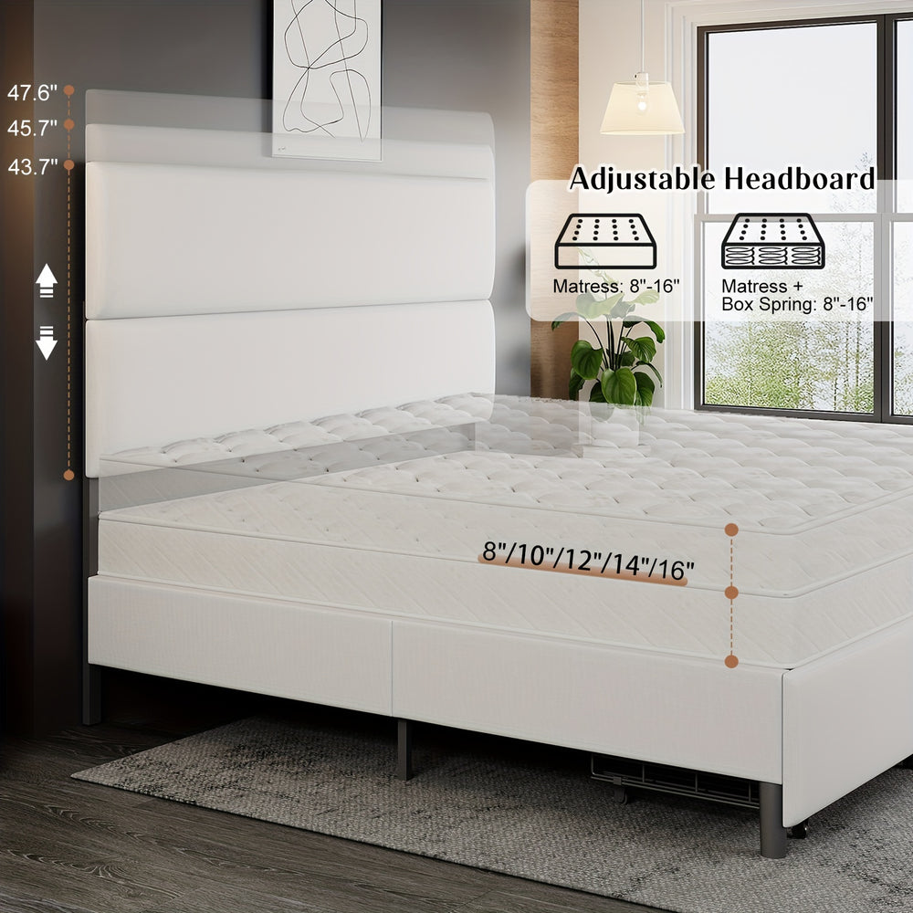 Queen 47.6" Upholstered Bed Frame With Two Storage Drawers, Linen Platform Bed Featuring A Height-Adjustable Headboard White