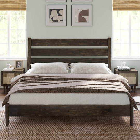 Solid Wood Bed Frame, Mid Century Platform Bed with Reclining Slatted Headboard, Wood Slat Support/No Box Spring Needed/Noise Free