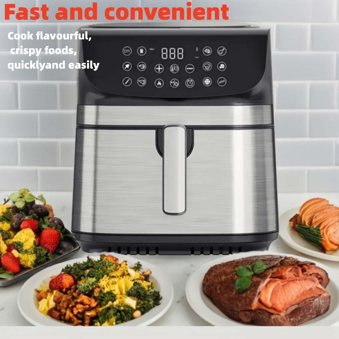 9QT oil-free air fryer oven, reducing 80% fat, can enjoy crispy and delicious food, suitable for Cao tiao, pizza, beef steak, etc., specially designed for 3-4 people in households, healthy and fast food, making fast and simpl